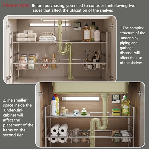 Under-Sink Organizer 2-Tier Expandable Cabinet Storage (4 panels 4 baskets) | LED Motion-Sensing Auxiliary Lighting Dial Thermometer Stainless Steel Telescopic & Adjustable Rust-Resistant - size: 4 panels 4 baskets