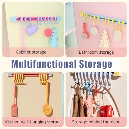 OULIGET Utility Slide Rail Hook,Under Cabinet Kitchen No Punching Hooks for Hanging Utensil,Bathroom Bedroom Office Wall Door Rack with 10 Hooks,2Pieces - color: Blue Pink