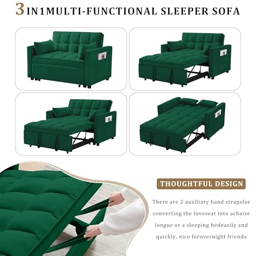 55" Pull Out Sleeper Sofa, Velvet Loveseat with Side Pockets, Green | Velvet upholstery, 5-level adjustable back, Pull-out bed design, Sturdy frame with side pockets - color: Green