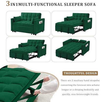 55" Pull Out Sleeper Sofa, Velvet Loveseat with Side Pockets, Green | Velvet upholstery, 5-level adjustable back, Pull-out bed design, Sturdy frame with side pockets - color: Green
