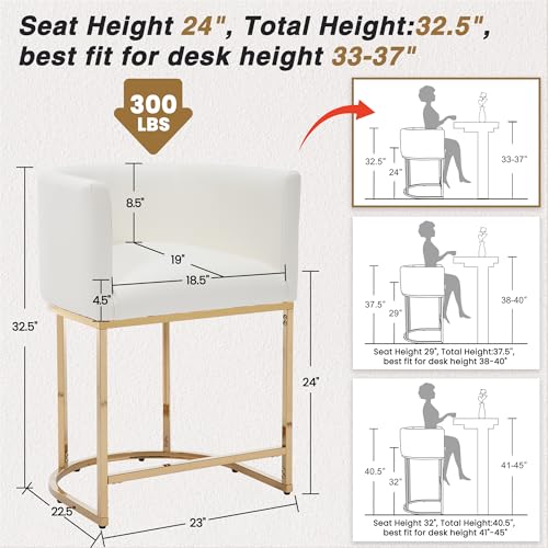 HNY Modern Barrel Counter Height Gold Clearance Bar Stools Set of 2, 24 Inch Kitchen Bar Stools with Back, PU Leather Barstools Bar Height for Island with Golden Metal Tubular Frame, White - color: 24inch ,White,gold Base