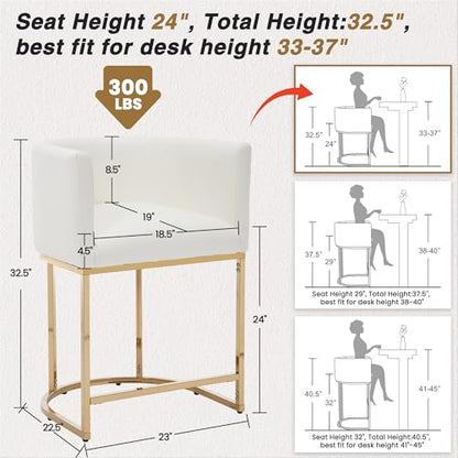 HNY Modern Barrel Counter Height Gold Clearance Bar Stools Set of 2, 24 Inch Kitchen Bar Stools with Back, PU Leather Barstools Bar Height for Island with Golden Metal Tubular Frame, White - color: 24inch ,White,gold Base