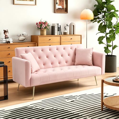 Anwick 72''Modern Velvet Sofa Bed Futon,Convertible Folding Sleeper Couches with 3 Adjustable Backrests,Tufted Recliner Loveseat with Golden Chrome Legs for Living Room Apartment Office (Pink-new) - color: Pink-new