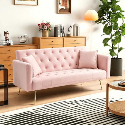 Anwick 72''Modern Velvet Sofa Bed Futon,Convertible Folding Sleeper Couches with 3 Adjustable Backrests,Tufted Recliner Loveseat with Golden Chrome Legs for Living Room Apartment Office (Pink-new) - color: Pink-new
