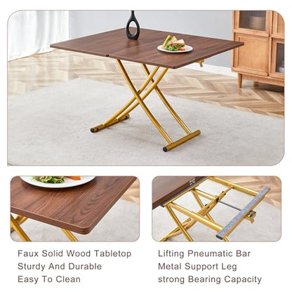 4 in 1 Adjustable Folding Dining Table for 4, Foldable Table for Small Spaces, Coffee Table that Lifts Up to Eat, Scratch-Resistant Wood Grain Top with Metal Frame for Kitchen Living Room - color: Walnut-gold