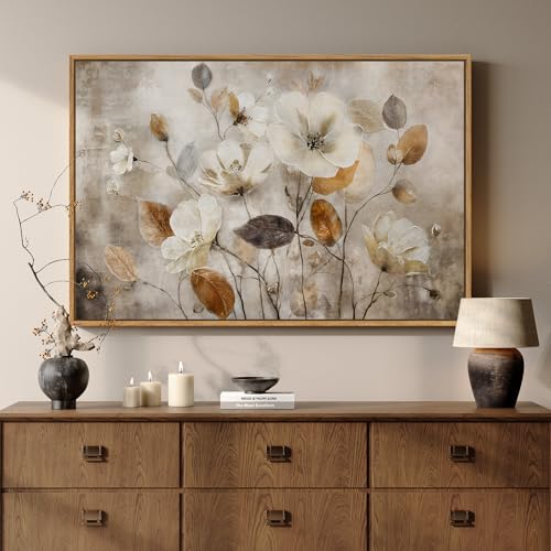 Framed Vintage Neutral Floral Botanical Wall Art for Living Room, 24x36 In | Horizontal, Wood frame, Canvas print, Farmhouse wall decor, Rustic flower picture, Bedroom dining room hallway home decor - color: White & Beige A
