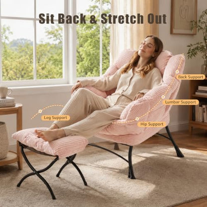 Lazy Chair with Ottoman, Modern Skinny Lounge Chair with Footrest | Foldable Footrest, Padded & Backrest with Side Pocket, Comfy Accent Reading Chair for Living Room & Small Spaces, Pink - color: Pink