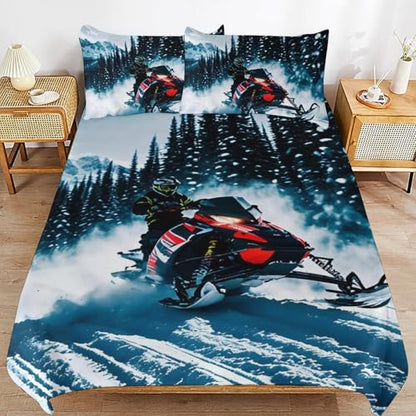3 Piece Cool Snowmobile Bedding Set - Ultra Soft Fabric & Double-Sided Print, Breathable Comforter Set with 1 Quilt Cover & 2 Pillowcases for Home Hotel, 86"x70" - size: 86"x70"