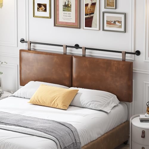 Queen Size Headboard, Wall Mounted Hanging Upholstered Bed Headboard with Modern Design Faux Leather Padded Headboards Ideal for Bedroom (Brown Leather, Queen - color: Brown, size: Queen