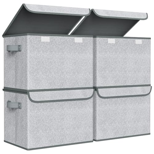 Univivi Decorative Fabric Storage Boxes with Lids, 4 Pack, Gray | 17 x 12 x 12 In Large Stackable Storage Bins with Lids & Carry Handles, Closet Organizers for Clothes, Office, Bedroom - color: Light Gray