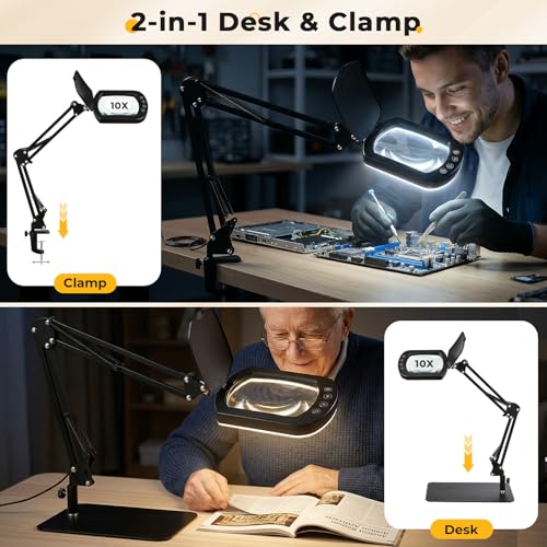 10X Square Magnifying Glass with Light and Stand/Clamp, 80 LED Lighted Magnifier with Dust Cover, 5 Color Modes Stepless Dimmable, Hands-Free Desk Magnifying Glasses for Close Work, Crafts, Reading