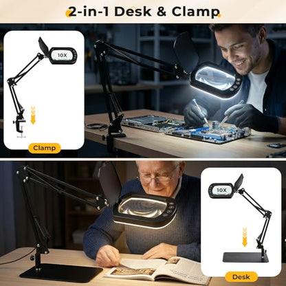 10X Square Magnifying Glass with Light and Stand/Clamp, 80 LED Lighted Magnifier with Dust Cover, 5 Color Modes Stepless Dimmable, Hands-Free Desk Magnifying Glasses for Close Work, Crafts, Reading
