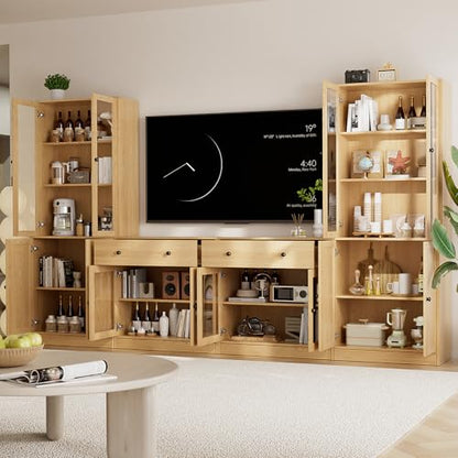 TUSY 71" TV Stand Storage Set - 2 Tall Bookcases & 2 Side Cabinets, Media Console with Glass & Wood Doors, Entertainment Center with Drawers, Tall Media Console for Living Room (Wood, AFFA) - color: Wood
