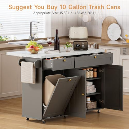 60" Kitchen Island with Power Outlet & Drop Leaf, Rolling Island with Spice Rack & Towel Rack, Kitchen Island Cart with Trash Storage Cabinet, Island Table for Kitchen, Grey+Imitation Marble - color: Grey+imitation Marble