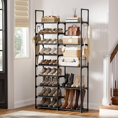 WOWLIVE 9 Tier 2-Column Shoe Rack, 30-35 Pairs Stackable Black | Compact 33.75in Long Fits Narrow Spaces, Removable Layers for Boots Heels, Split Design for Flexible Layout - color: Black, size: 2 Row 9 Tier