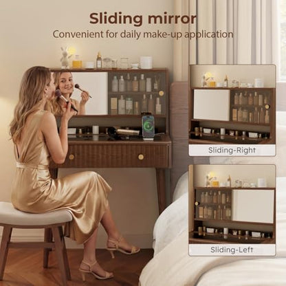 Large Vanity with Mirror and Power Outlet, Wood Vanity with Chair, Makeup Table Sets for bedrooms and bathrooms, Walnut Dressing Table - size: 1 desk + 1 chair