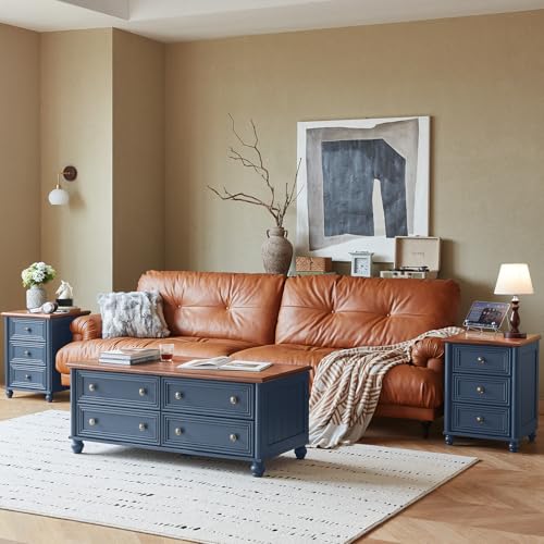 RWYHG 18" Night Stand Set 2, Nightstand with 3 Drawers | Farmhouse Modern Bedside Table, Solid Wood Legs, Metal Handles, Blue Bed Side End Tables for Bedroom Living Room - color: Navy Blue, style: 3 Drawers*2