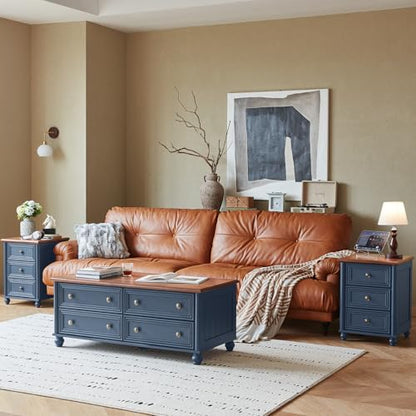 RWYHG 18" Night Stand with 3 Drawers, Farmhouse Modern Nightstand | Blue Farmhouse Modern Bedside Table, Open Storage Shelf, Solid Wood Legs, Bed Side End Tables for Bedroom Living Room - color: Navy Blue, style: 3 Drawers