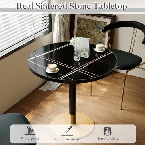 31.5'' Tulip Table, Round Dining Table with Sintered Stone Tabletop | Black Aluminum Alloy Edge & Gold Pedestal, Bistro Table for Dining Room/Café/Small Spaces/Restaurant (Black Gold Vein) - color: Black Gold Vein (Black Edge), size: Round