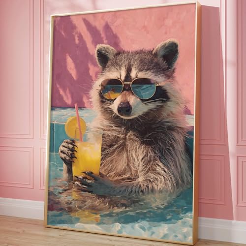 Oiyehokeul Animal Drinking Wall Art Funky Animal Posters Raccoon in Bathtub Wall Art Whimsical Artwork Trendy Aesthetic Pictures Raccoon Bathroom Poster Preppy Pink Cocktail Print 16x24in Frameless - color: G1Unframed