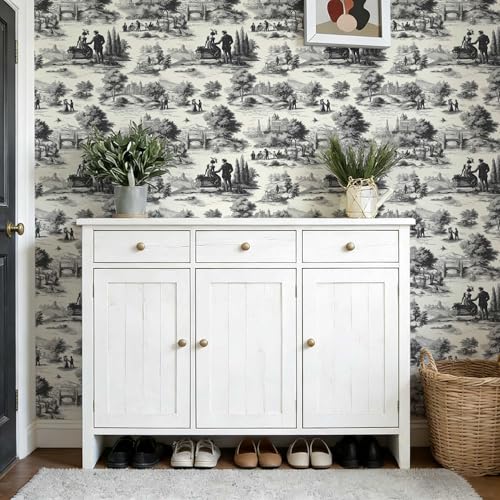 Black and White Vintage Landscape Toile Peel and Stick Wallpaper | Monochrome vintage countryside scene toile print, Removable waterproof vinyl wall covering, bedroom accent wall decor - color: ML-M099, size: 17.7" x 236"