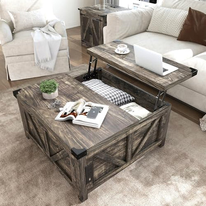 jimeimen Farmhouse Lift Top Coffee Table with Storage, Wood Square Center Table with Charging Station&USB Port, Living Room Table w/Large Hidden Space, for Living Room, Bedroom, Home Office, Dark Grey - color: Dark Grey
