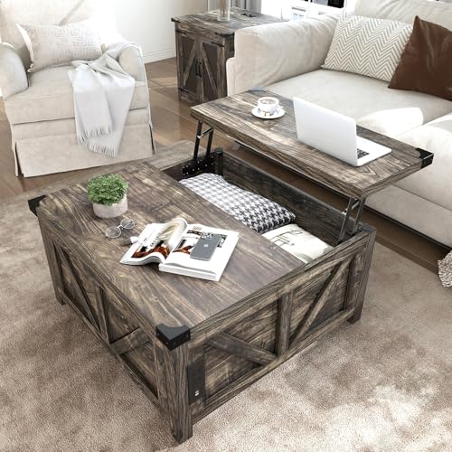 jimeimen Farmhouse Lift Top Coffee Table with Storage, Wood Square Center Table with Charging Station&USB Port, Living Room Table w/Large Hidden Space, for Living Room, Bedroom, Home Office, Dark Grey - color: Dark Grey