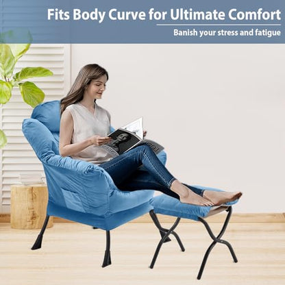 Youtanic Lazy Chair with Folding Ottoman, Accent Chair Velvet Upholstered with Metal Structure and Non-Slip Pads, Sofa Armchair with Footrest and Side Storage Bag for Dorm, Room, Office, Light Blue - color: Light Blue
