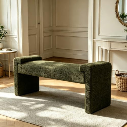 Upholstered Entryway Bench, 58.7" Modern Bedroom Bench, Green | Sherpa Fleece, Curved Armrests, Solid Wood Frame, End of Bed, Bedroom, Living Room, Hallway - color: Green-sherpa, size: 58.7"