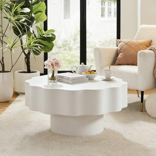 Modern White Scalloped Coffee Table 31.5" Round Wood Center Table Wave-Shape Coffee Tea Tables with Pedestal Base for Living Room Apartment Small Space (White) - color: White