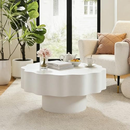 Modern White Scalloped Coffee Table 31.5" Round Wood Center Table Wave-Shape Coffee Tea Tables with Pedestal Base for Living Room Apartment Small Space (White) - color: White