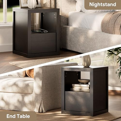 Wabi-sabi Style Nightstand, Modern Bedside Table with Charging Station,Thickened Wood End Table with Drawer Storage & Open Shelf, Night Stand for Bedroom, Black - color: Black