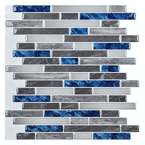Art3d Peel & Stick Brick Kitchen Backsplash Self-Adhesive Wall Tile Stone Design, 10 Sheets, Blue Marlbe, 30 * 30cm | Moisture Resistant, Strong Adhesive, Sturdy, Cleanable, Easy to Install, for Kitchen, Laundry Room, Ideal for New Home Buyers