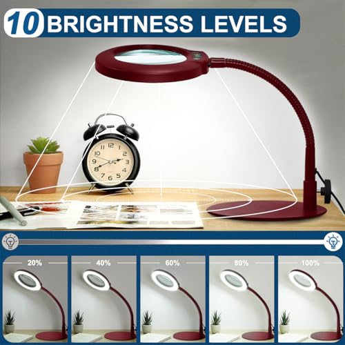 IVMAIE 12X Magnifying Glass with Light, Real Glass Lens, 5 Color Modes Dimmable, Flexible Gooseneck Lighted Magnifier with Stand, LED Desk Lamp Hands Free for Crafts Painting Reading Close Work, Red - color: Red
