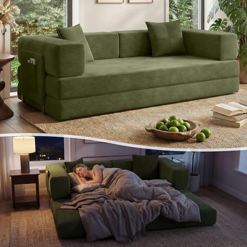 78.8" Boneless Couch for Living Room, Futon Sleeper Sofa Bed | Convertible Sofa Bed, Corduroy Pull Out Couch Loveseat with Storage Pocket, Modular Design, No Assembly, Green - color: Green, size: 78.8inch