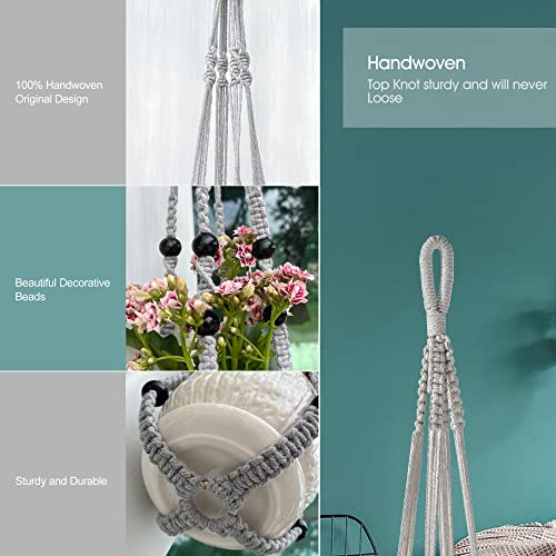 RIFNY Macrame Plant Hanger for 5 to 10 Inch Plant Pots, 35 Inch Indoor Handmade Woven Rope Hanger Kits with Hooks and Wood Beads, Hanging Planter Basket Holder for Boho Home Decor (Grey, 3 Pack) | 35 Inch Hanging Planter with Hooks, Fits 5-10" Pots, Suita