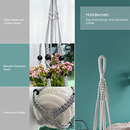 RIFNY Macrame Plant Hanger for 5 to 10 Inch Plant Pots, 35 Inch Indoor Handmade Woven Rope Hanger Kits with Hooks and Wood Beads, Hanging Planter Basket Holder for Boho Home Decor (Grey, 3 Pack) | 35 Inch Hanging Planter with Hooks, Fits 5-10" Pots, Suita