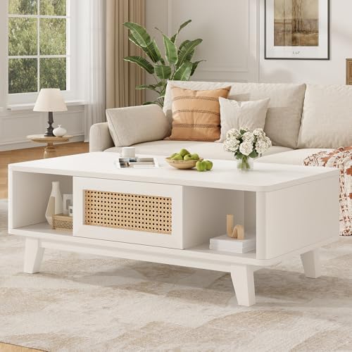 Coffee Table, Mid Century Living Room Tables with Storage, Modern Square with Rattan Drawer, Wooden Living Room Table with Solid Wood Leg - color: White