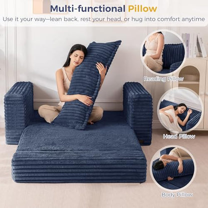 MAXYOYO Convertible Sofa Bed, Pull-Out Loveseat Couch Bed for Small Space | 2 in 1 Folding Couch Bed with Large Back Pillow, Plush Faux Fabric Lounge Couch for Living Room, Apartment, Navy - color: Navy