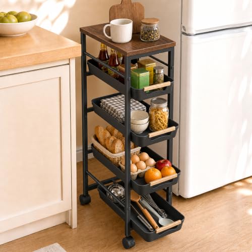 Pipishell Slim Storage Cart with Drawers & Lockable Wheels, 5 Tier Kitchen Cart with Safety Stops & Vented Design, Wood Top, Narrow Rolling cart for Kitchen, Bathroom, Laundry Room, Black - color: Black, size: 7.9”W x 14.6”D x 33.5”H