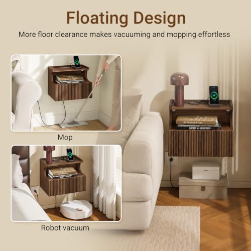 SoBuy Floating Nightstand with Charging Station and LED – Wall Mounted Bedside Table with Drawer and Shelf, Modern Floating Nightstand for Bedroom and Living Room, Walnut Wood Finish FBT180-E-N - color: Walnut, size: Wall Mounted