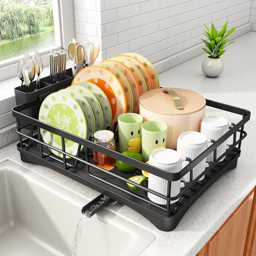 SAYZH Dish Drying Rack for Kitchen Counter with Utensil Holder, Black | Stainless Steel, Large Capacity, Angled Drainboard, Rotating Spout, Removable to Clean - color: Black