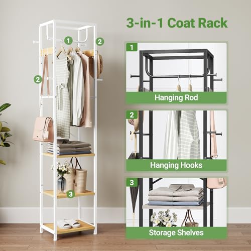 ELYKEN Coat Rack Freestanding, Hall Tree with 3 Shelves and 12 Hooks | Industrial Metal Frame, Space-Saving Design, Clothes Rack Stand Organizer for Bedroom, Hallway, Entryway, Office, Living Room - color: Natural