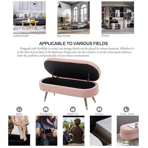 IAFIKE Oval Storage Bench 43.5" Ottoman Bench Upholstered Boucle Fabric Footrest Bench with Golden Metal Legs End of Bed for Bedroom, Living Room, Entryway,Bed Side (Pink) - color: Pink