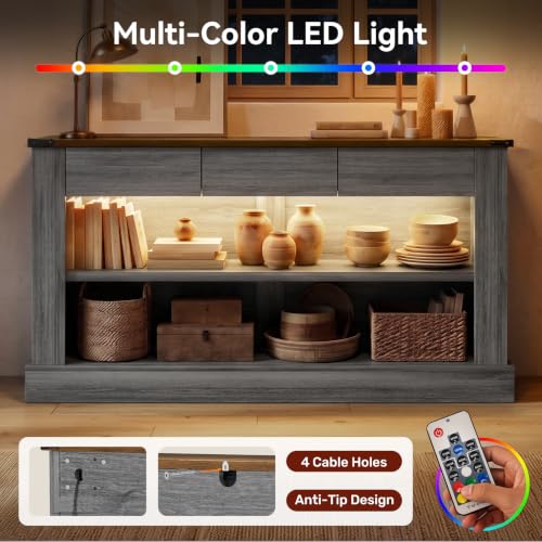 Miereirl 63" Console Table with Drawers & LED Light, Brown & Dark Grey | Narrow Entryway Sofa Table, 3 Storage Drawers & Open Shelves, Behind Couch, Living Room Hallway Foyer - color: Rustic Brown&dark Grey