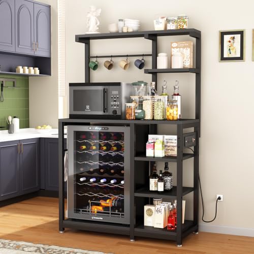 Bakers Rack with Power Outlet, 8-Tier Microwave Cart, Coffee Bar w/ 6 Hooks | 8-Tier Bakers Rack with Power Outlet, Coffee Bar Station & Microwave Cart, Metal Kitchen Storage Shelf with Wheels - color: Black