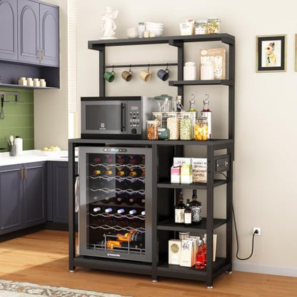 Bakers Rack with Power Outlet, 8-Tier Microwave Cart, Coffee Bar w/ 6 Hooks | 8-Tier Bakers Rack with Power Outlet, Coffee Bar Station & Microwave Cart, Metal Kitchen Storage Shelf with Wheels - color: Black