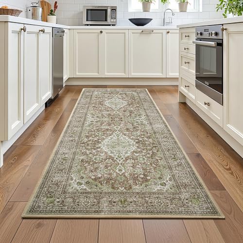 Green Washable Vintage Runner Rug, 2x6 Boho Bedroom Area Rugs, Soft Non Slip Floral Entryway Carpet Runners, Indoor Low Pile Carpets for Kitchen Hallway Bedside - color: Green, size: 2' x 6' (Rectangular)