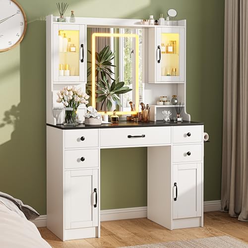 Vanity Desk with Mirror and LED Lights & Power Outlet | Large Makeup Vanity Table with 5 Drawers and 4 Storage Cabinets, White Dressing Table for Bedroom - size: 044 White