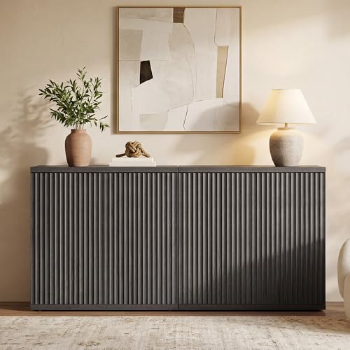 SICOTAS Buffet Cabinet with Storage Sideboard Cabinet with Doors & Shelves | Accent Sideboard Modern Credenza Fluted Storage Cabinet Mid Century Media Console for Living Room Kitchen Dining Hallway - color: Dark Grey Alder, size: 2 Pieces